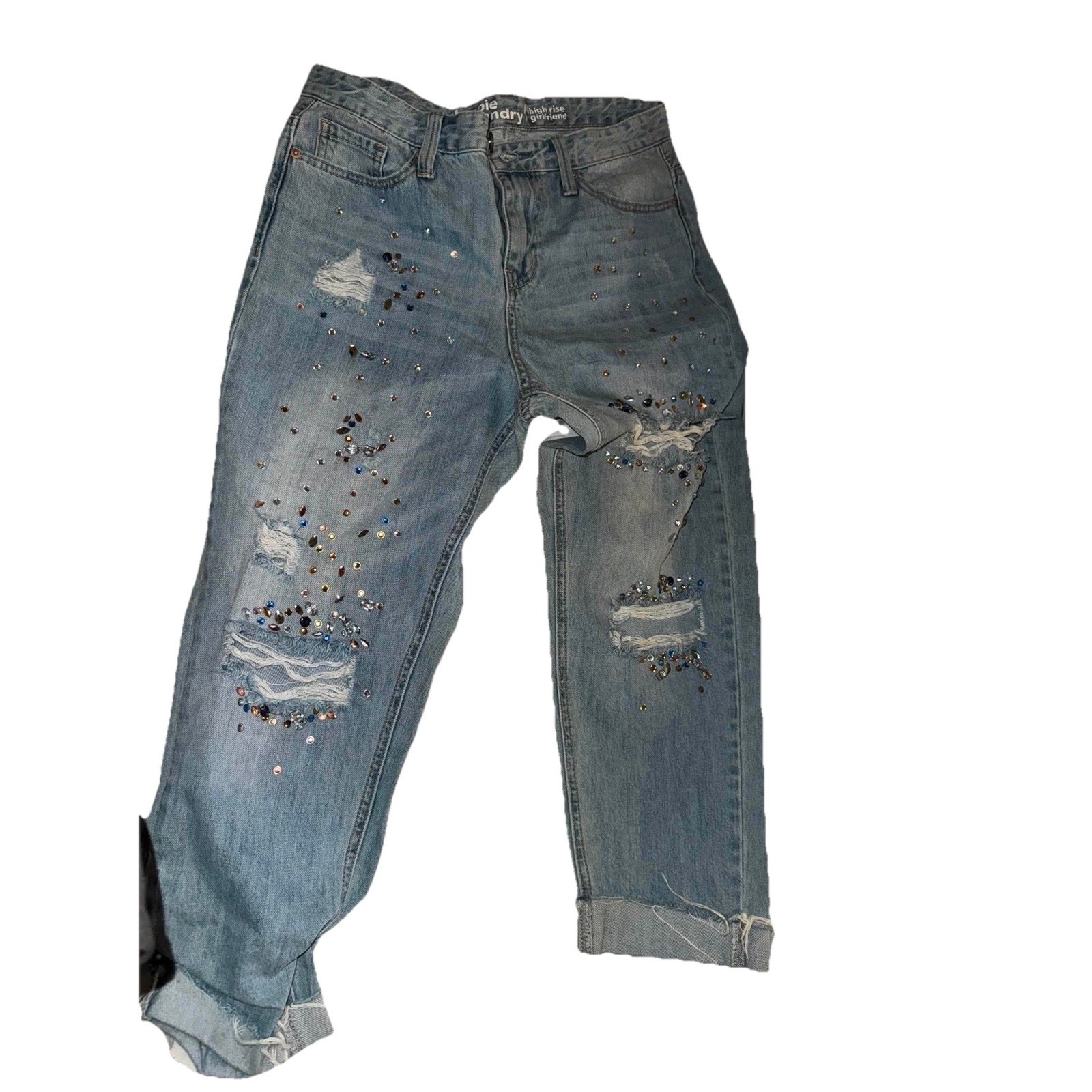 Hippie Laundry High Rise Girlfriend Jeans Size 30 Distressed Rhinestone Jeweled